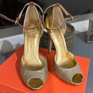 Ivanka Trump Gold and Tan Peep-Toe Heels with Ankle Strap